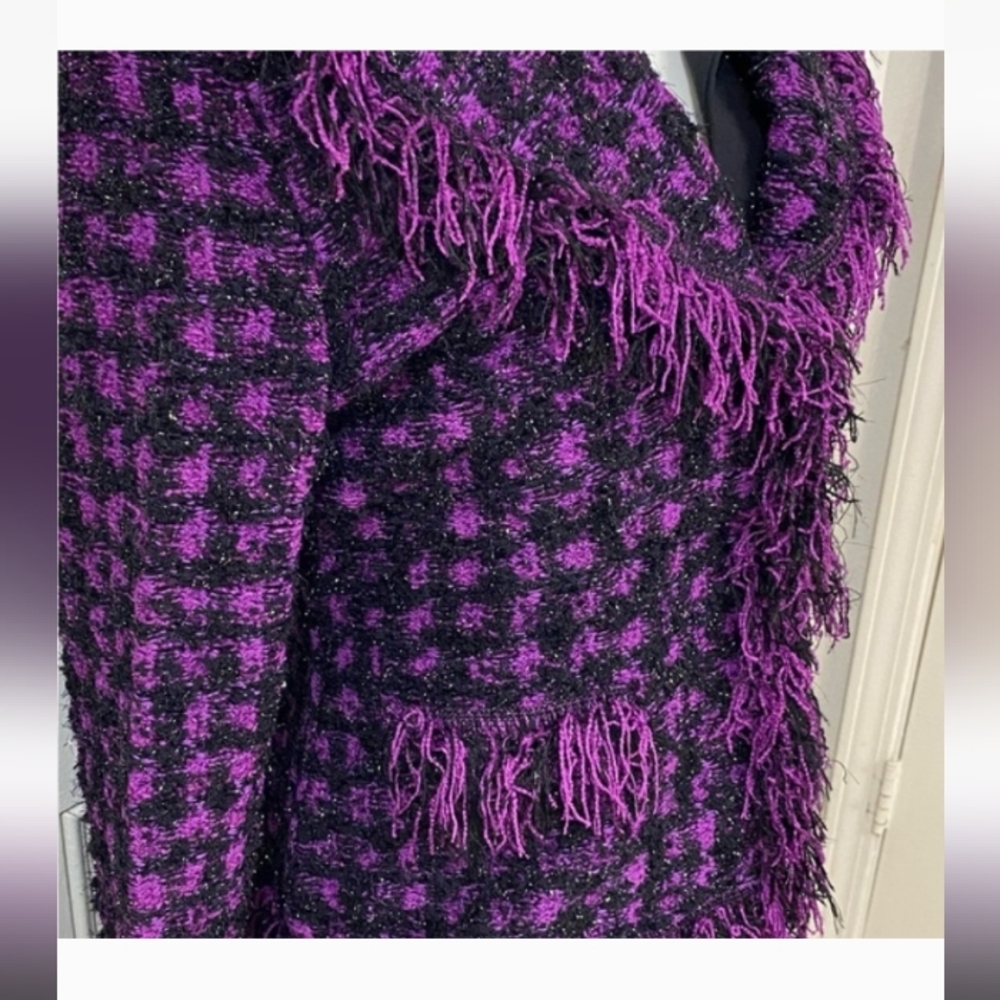 WOW! EXQUISITE ESCADA 40/10 KNIT WOOL TWEED BOUCLE PURPLE METALLIC FRINGE JACKET